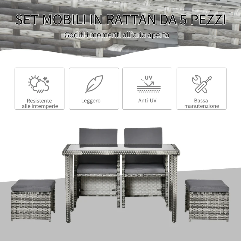 Outsunny Set 11 Pz Tavolo da Giardino con Sedie, Pouf e Cuscini, in Rattan PE, Grigio