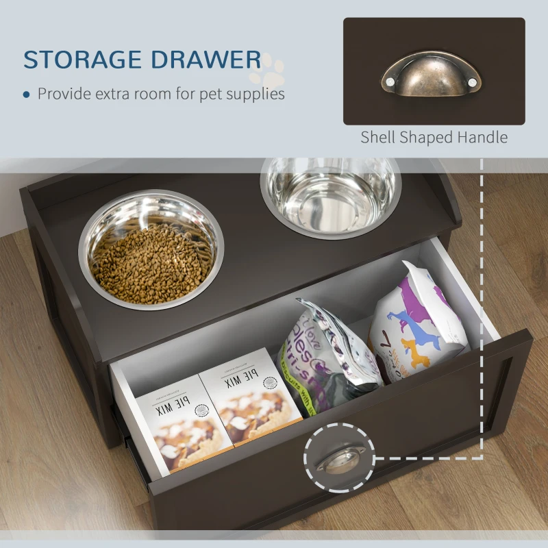 PawHut Stainless Steel Raised Dog Bowls, with 21L Storage Drawer for Large Dogs - Brown