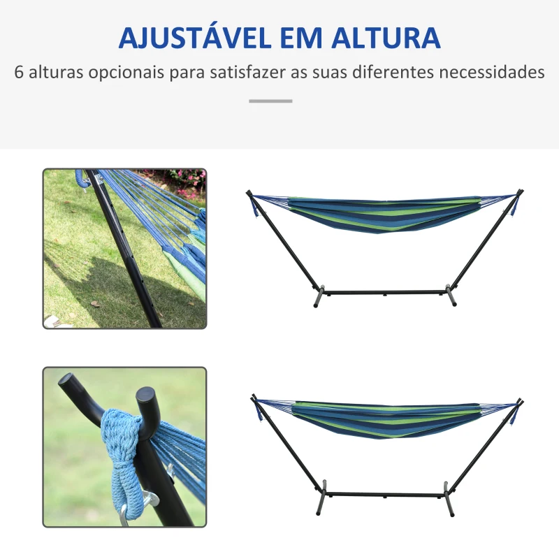 Outsunny Cama Rede com Suporte 310x117 cm com Bolsa de Transporte Altura Ajustável Capacidade 120 kg para Campismo Pátio Verde e Azul