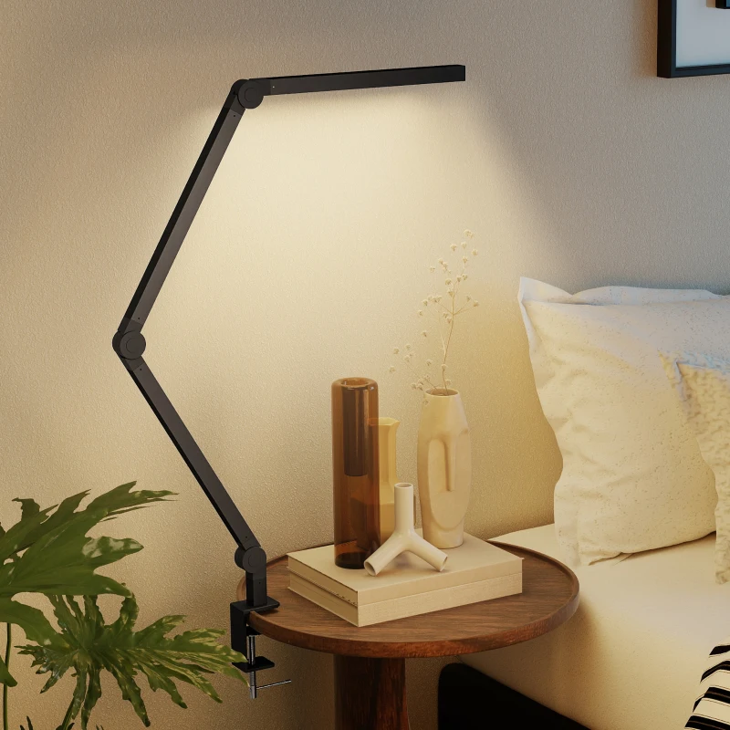 HOMCOM Lampă de Birou LED Dimabilă cu Clește, Braț Reglabil și 2 Culori de Lumină, Negru
