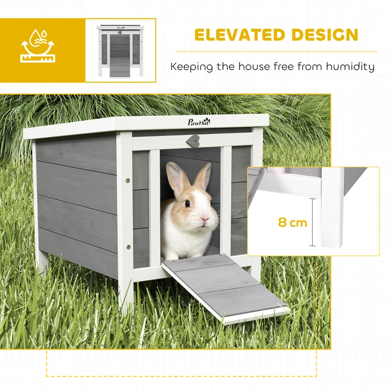 PawHut Wooden Rabbit Hutch Outdoor, Guinea Pig Hutch, Rabbit Hideaway, Cat House, Bunny Cage Small Animal House with Openable Roof, 51 x 42 x 43 cm, Grey