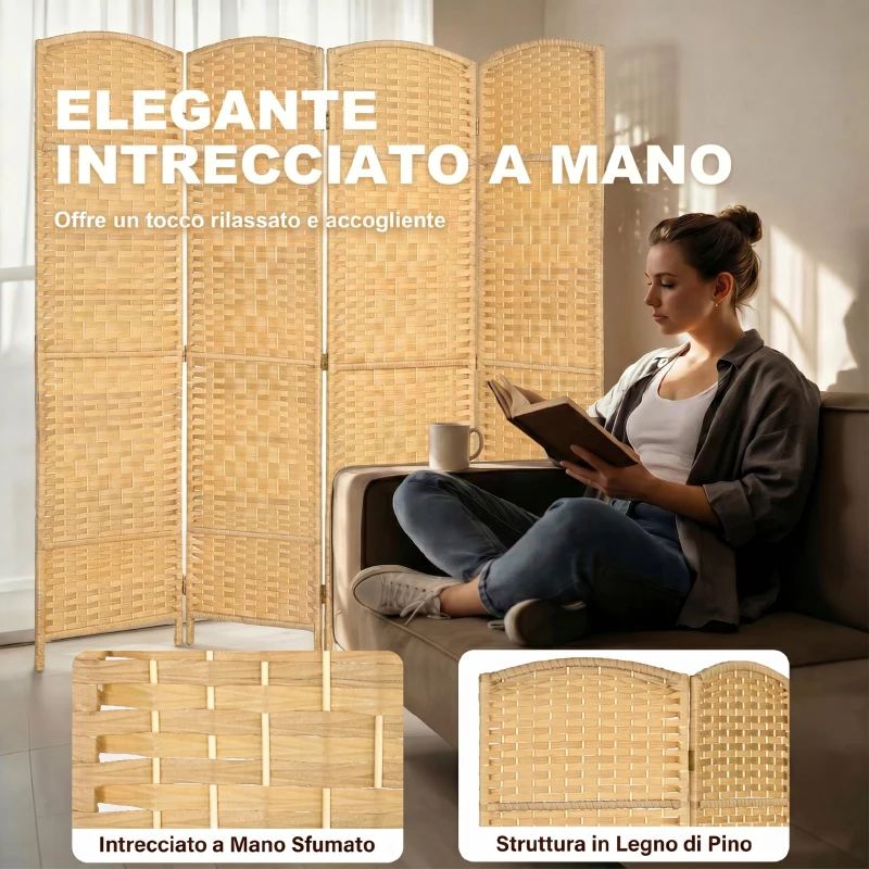 HOMCOM Paravento da Interno a 4 Pannelli Pieghevole, 180x180 cm Intrecciato in PP e Legno di Pino, Effetto Naturale