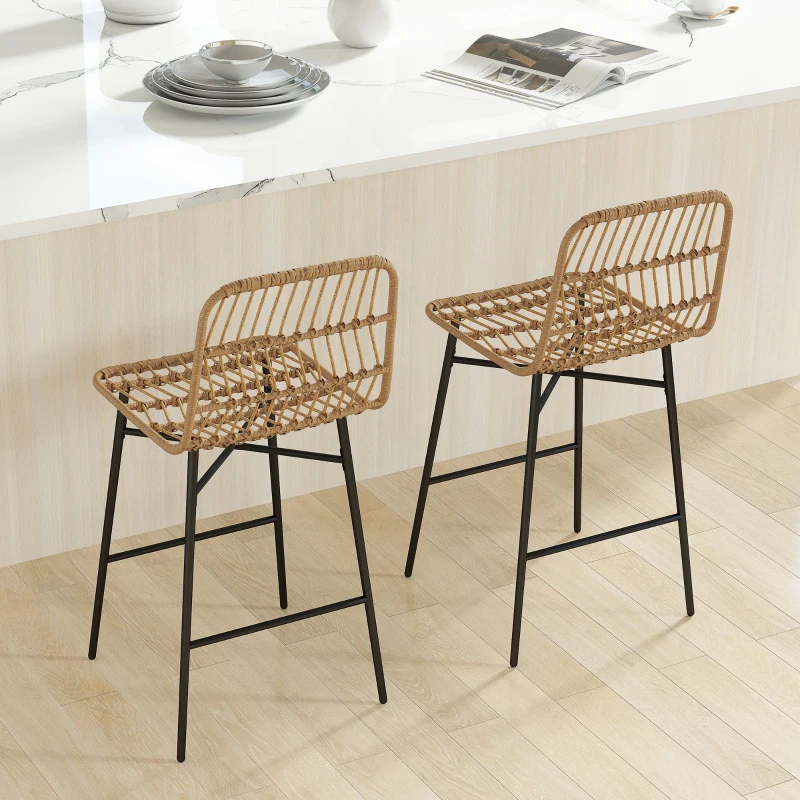 HOMCOM Conjunto de 2 Taburetes Altos de Cocina Taburetes de Bar con Respaldo y Asiento de Ratán para Bar Cocina Comedor Marrón