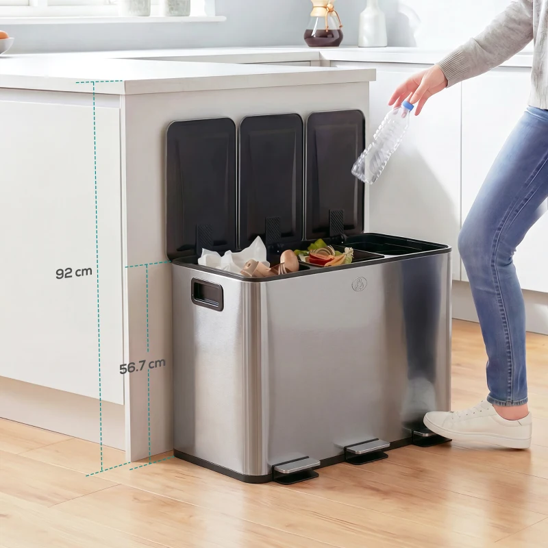 HOMCOM Bidone Immondizia a 3 Sezioni da 20L con Chiusura Silenziosa, in Acciaio Inox e PP, 61.9x36.6x56.7 cm