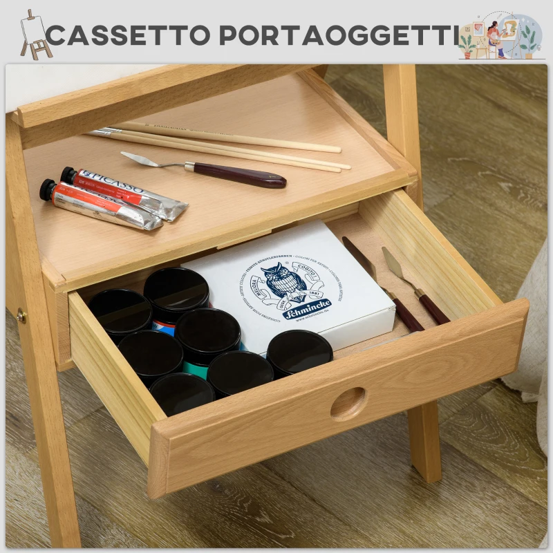 Vinsetto Cavalletto da Pittore ad Altezza Regolabile con Cassetto, in Legno di Faggio, 43.5x43x150-190 cm
