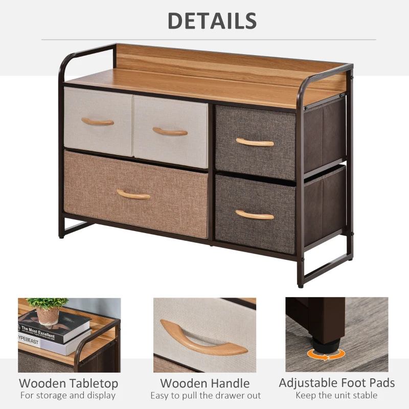 HOMCOM 5-Drawer Dresser, 2-Tier Storage Organizer, Tower Unit for Bedroom Hallway Closets with Steel Frame Wooden Top