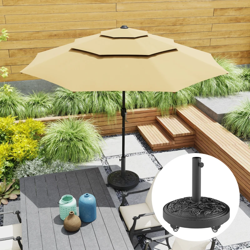 Outsunny Pied de parasol, socle parasol extérieur en résine 21 kg, pour mât de Ø 32/38/48 mm, avec roues, Ø 49 x 42 cm, noir