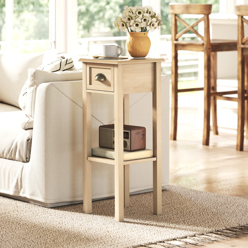 HOMCOM Mesa Auxiliar Rústica Mesa Auxiliar para Sofá con Cajón y Estante para Salón Dormitorio 30x30x75 cm Madera Natural
