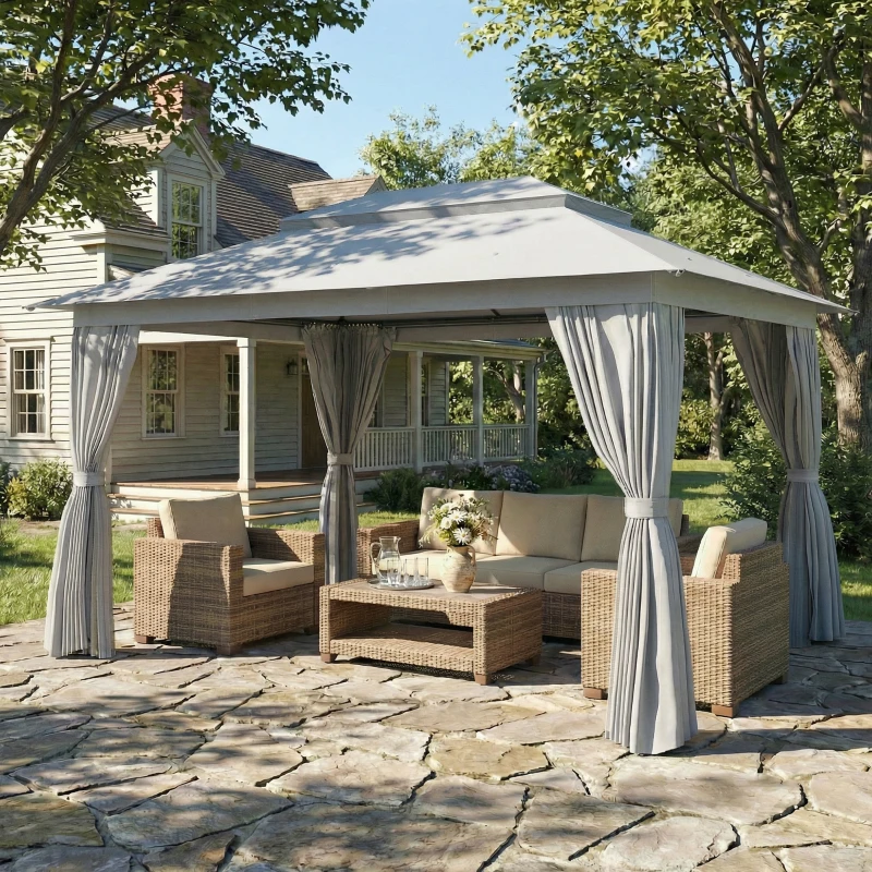 Outsunny 3 x 4 m Outdoor Garden Gazebo with Netting and Curtains, UPF50+ Patio Gazebo Permanent Pavilion Canopy, Dark Grey