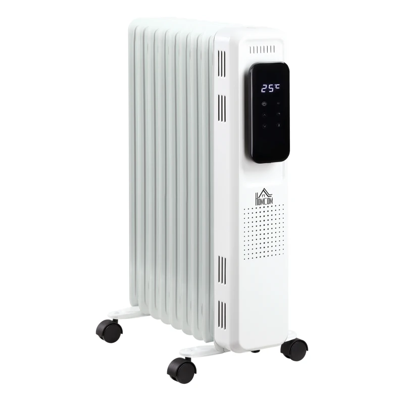 HOMCOM Radiador de Aceite 2180W Calefactor de Aceite 3 Modos con 9 Elementos Pantalla LED Control Táctil Termostato Temporizador 24H y Ruedas Superficie 20 m² 42,5x24x63 cm Blanco