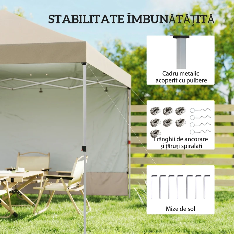Pavilion pliabil Outsunny Pop-Up 3x3 m cu perete lateral, din metal și țesătură Oxford, bej