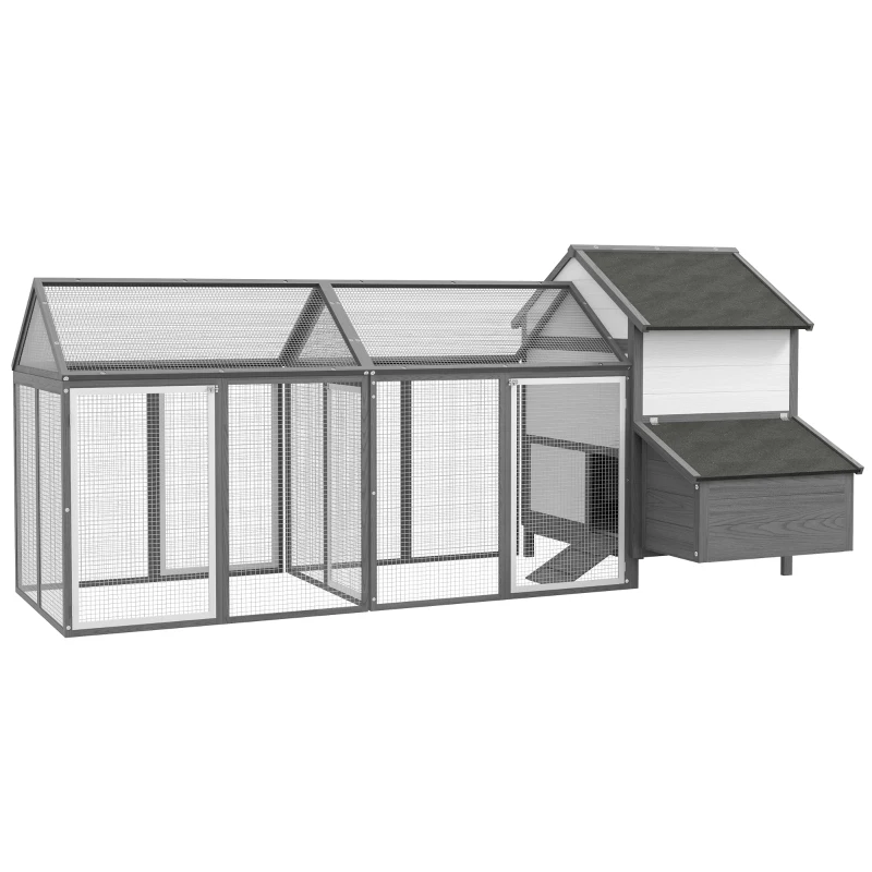 PawHut Cuibar din Lemn pentru Găini Ouătoare de Exterior cu 2 Zone Laterale, Căsuță, Cuib, Acoperiș Impermeabil, Sertar Detasabil, Loc de Odihnă, Uși și Rampă, pentru 2-4 Găini, 247x118x113.5 cm, Gri