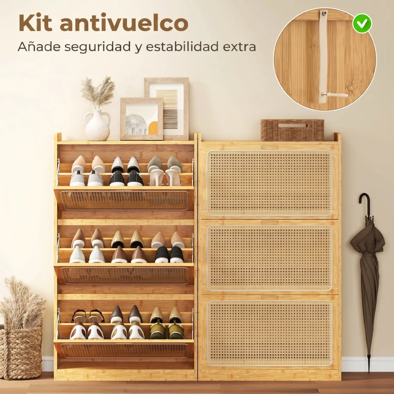 HOMCOM Zapatero Estrecho de Bambú con 3 Cajones Abatibles de Ratán para 18-21 Pares de Zapatos 69x29x119,8 cm Natural