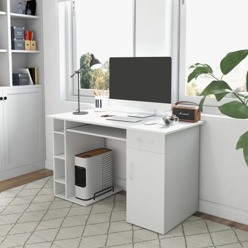 HOMCOM Scrivania per PC Ergonomica con Mensole, Armadietto, Cassetto e Piano Tastiera Estraibile, Bianca, 120x60x74cm