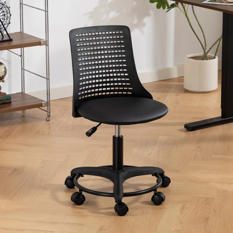 HOMCOM Cadeira de Escritório sem Braços Cadeira de Secretária Giratória em Malha com Encosto Vazado Ajustável 43x42x74-86 cm Pr