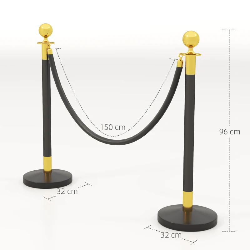 HOMCOM Stâlpi de delimitare din oțel inoxidabil cu frânghie catifelată neagră de 1,5 m și bază umplibilă, Ø32x96 cm