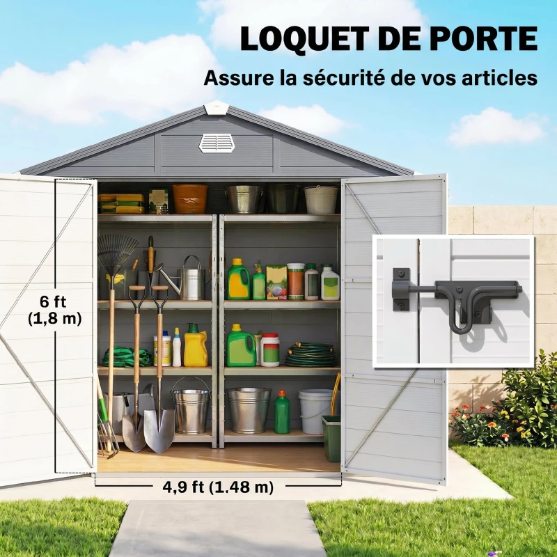 Outsunny Abri de jardin en résine 4,56 m² avec kit de fondation galvanisé structure en aluminium 240 x 190 x 228 cm gris foncé(m-7)