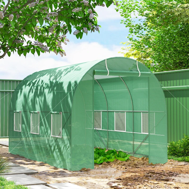 Outsunny Gewächshaus 350x200x200cm Foliengewächshaus Tomatenhaus mit Tür, 6 Fenster, Folientunnel aus verzinktem Stahl, PE, stabiles Treibhaus Pflanztunnel, inkl. Erdanker & Seilen, Grün