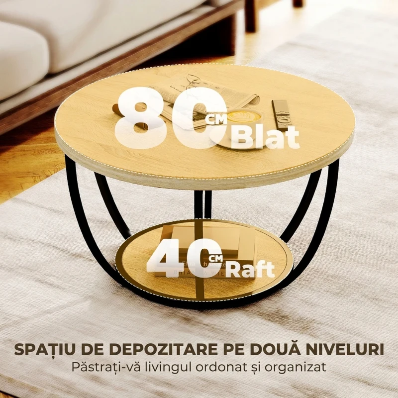 HOMCOM Măsuță de Cafea Rotundă cu 2 Rafturi, Picioare Metalice, Blat Gros, 80x80x43,8 cm, Finisaj Lemn Natur