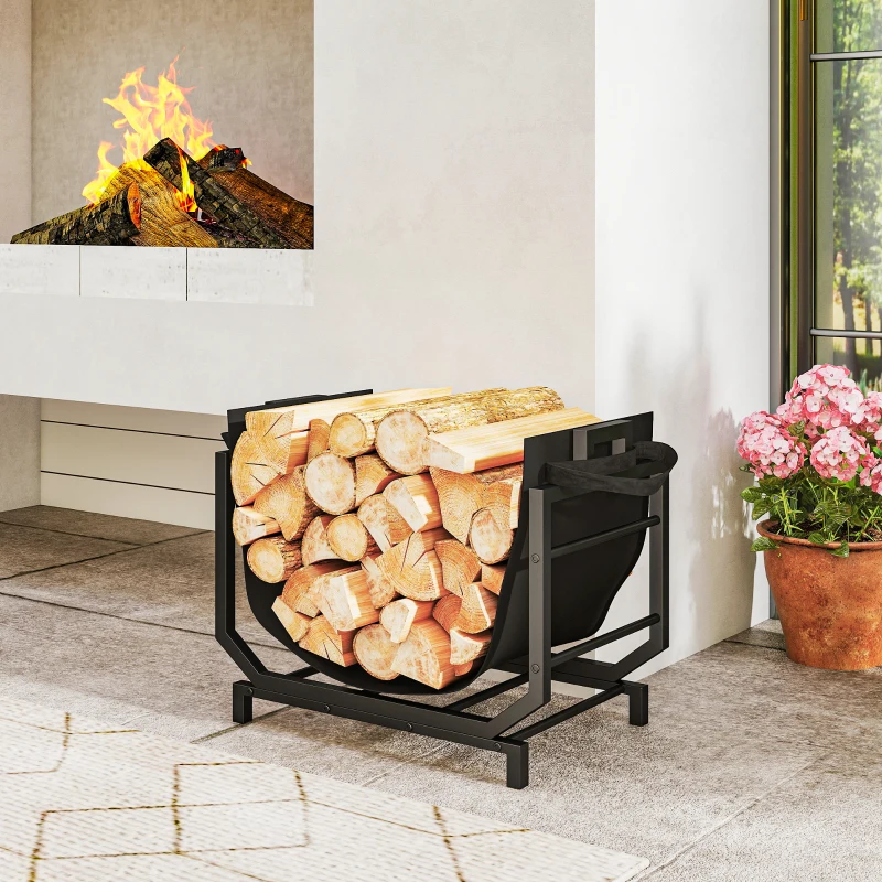 Outsunny Kaminholzregal für innen 53 x 33 x 43 cm Brennholzregal mit Tragetasche Metall Schwarz