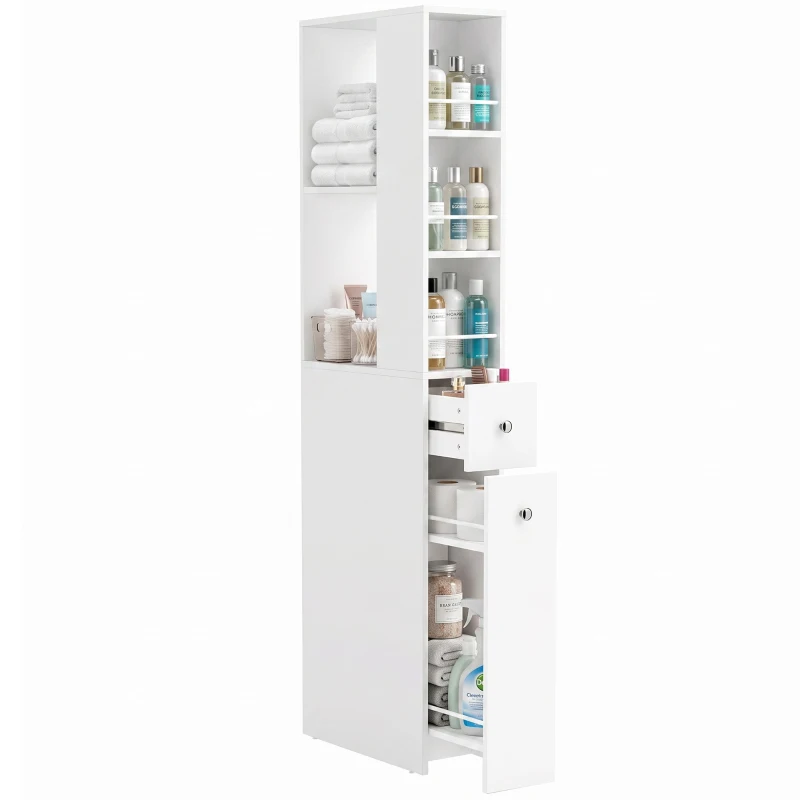 HOMCOM Dulap de Baie Înalt și Îngust cu 2 Sertare, 135 cm, Alb