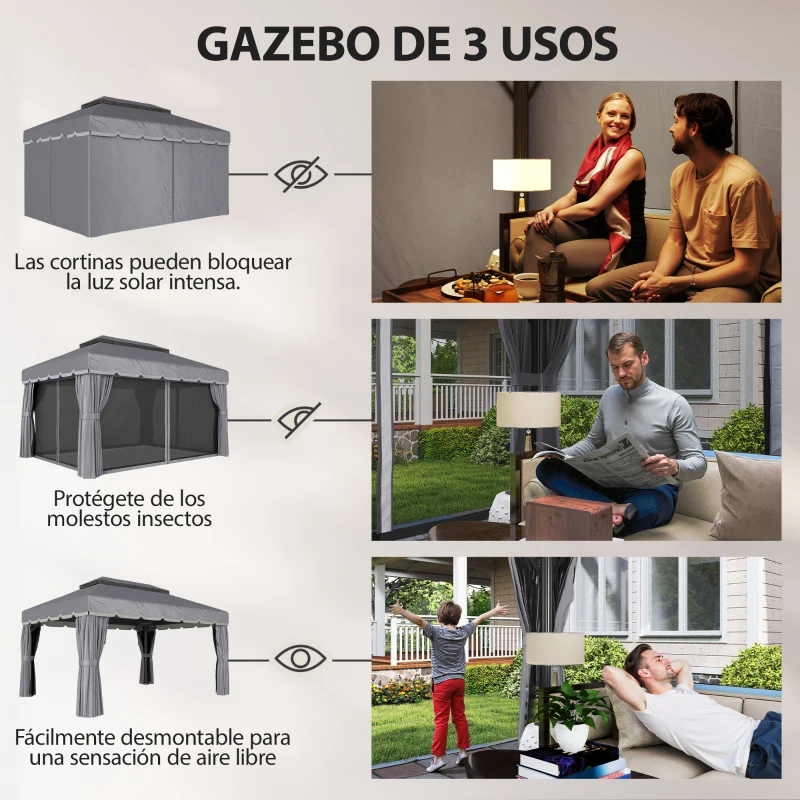 Outsunny Cenador de Jardín 4x3m Pabellón de Jardín Gazebo con Doble Techo 4 Cortinas y Mosquitera Marco de Aluminio UPF50+ Gris