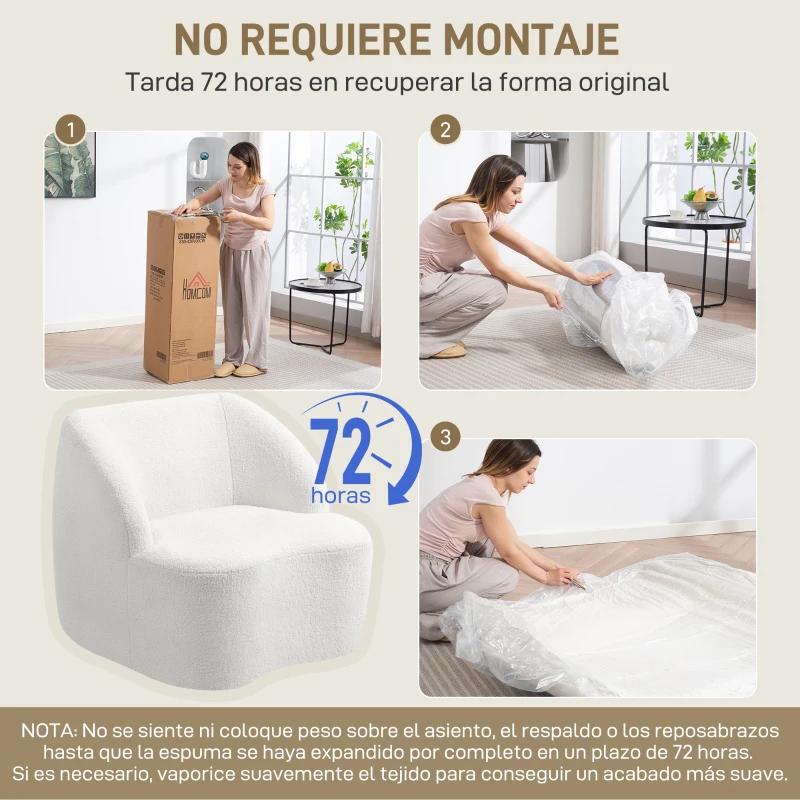 HOMCOM Sillón de Lectura Tapizado en Borreguito Diseño Curvo Acolchado Grueso No Requiere Montaje Crema