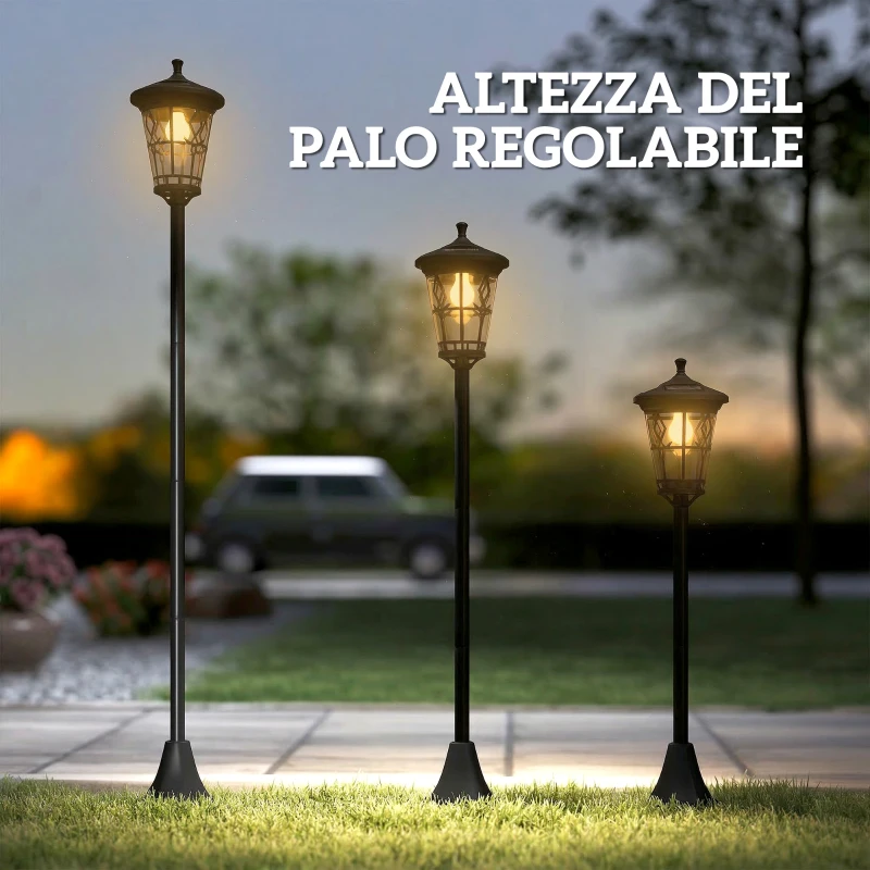 Outsunny Set 2 Lampioni da Esterno a Energia Solare e Altezza Regolabile, in Acciaio Inox e ABS, 23.5x23.5x186 cm, Nero