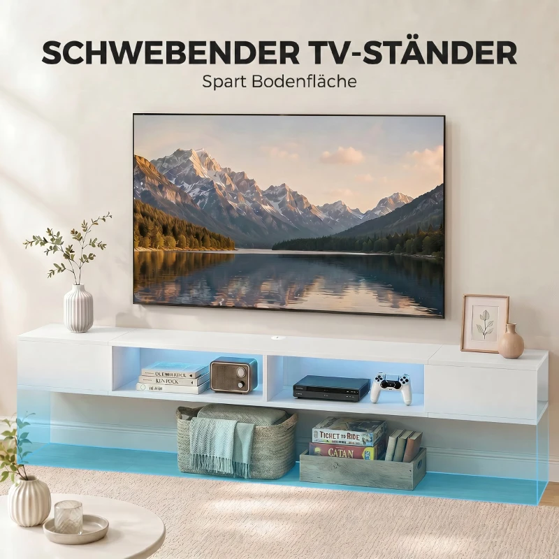 HOMCOM Mueble de TV Suspendido con Luces LED con Estantes Abiertos para Televisión 75 Pulgadas 177,8x30x18 cm Blanco