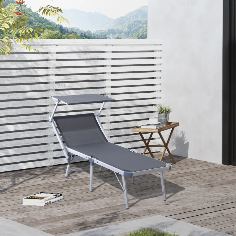 Outsunny Tumbona Plegable y Reclinable con Toldo Incorporado para Jardín Terraza Carga 120 kg 169x72x50/70cm Gris