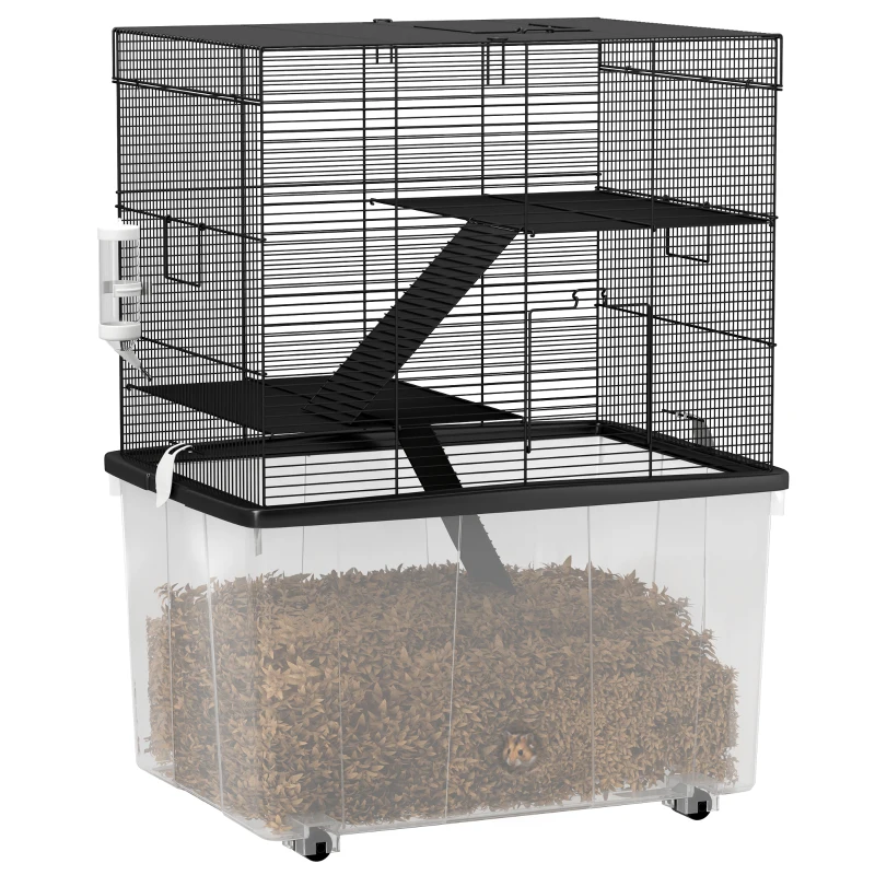 PawHut Cușcă pentru Hamsteri cu 3 Etaje, Roți, 2 Platforme, Rampe, Castron și Sticlă, 58x43x74 cm, Negru