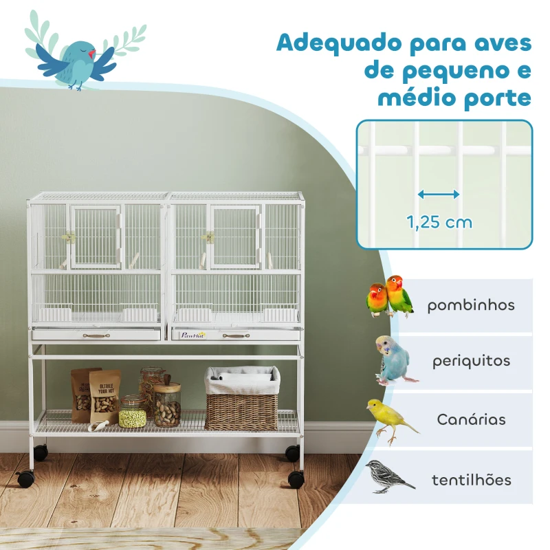 PawHut Gaiola para Pássaros Grande com Divisor Rodas 4 Comedouros 4 Poleiros Prateleira 2 Bandejas Removíveis 95x45,5x102 cm Branco