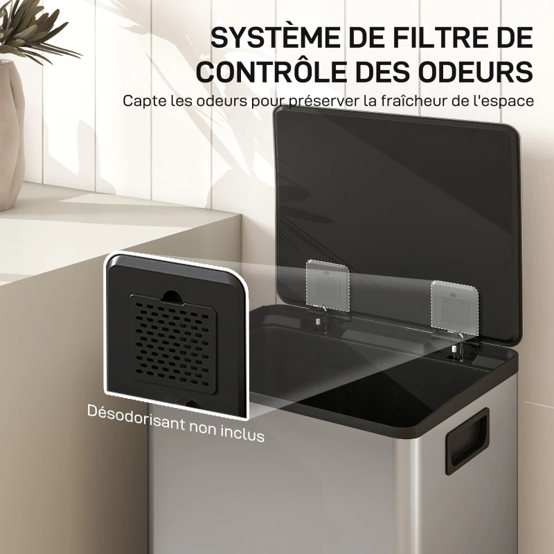 HOMCOM Poubelle cuisine 50L, poubelle à pédale, seau intérieur amovible, couvercle à fermeture douce, 41,7x36,6x62cm, argent