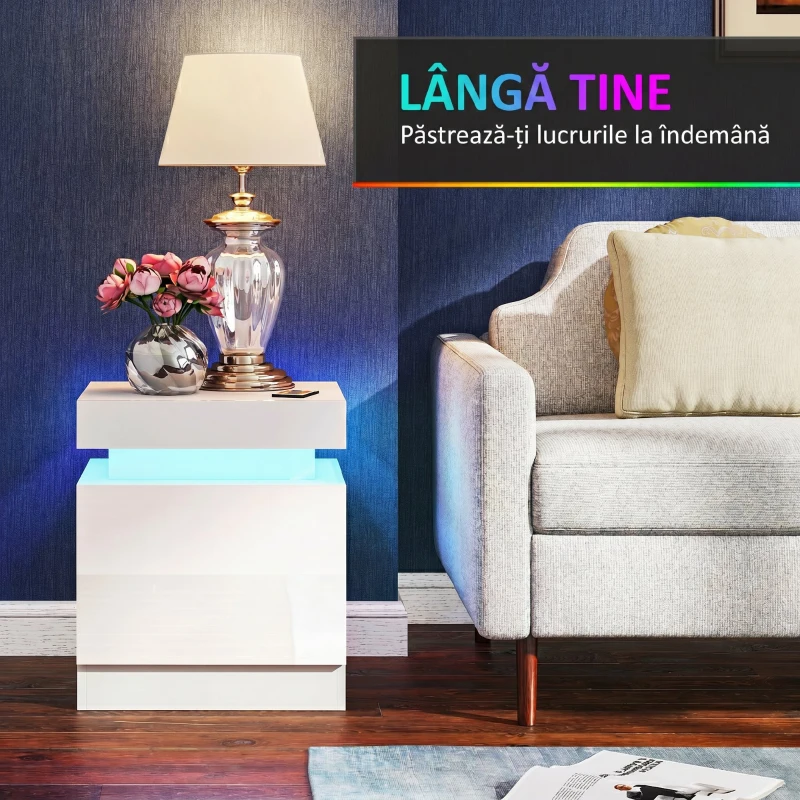 HOMCOM Set 2 Noptiere LED cu 4 Moduri, 2 Sertare, PAL, 45x35x52 cm, Alb Lucios