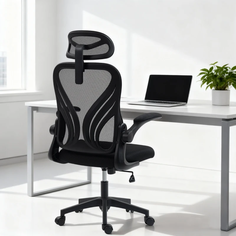 HOMCOM Scaun de Birou Ergonomic cu Brațe Rabatabile, Suport Lombar și Tetieră Reglabilă, Negru