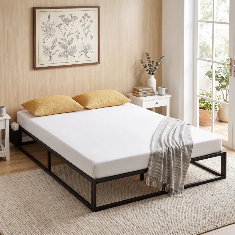 HOMCOM Cadru de pat 140 x 190 cm cu somier, pat dublu cu buzunar de depozitare, suport cu lamele din lemn, negru