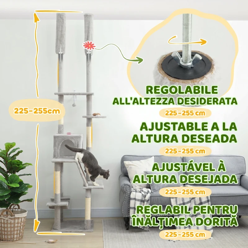 PawHut Copac pentru Pisici cu Fixare pe Tavan, Înălțime Reglabilă 225-255 cm cu Căsuță și Hamac, Gri Deschis