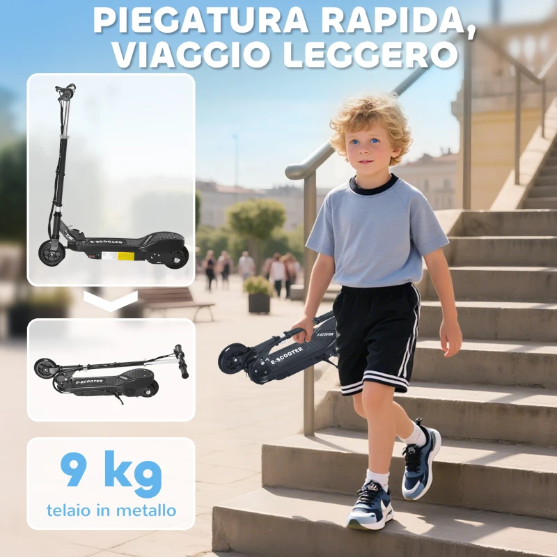 HOMCOM Monopattino Elettrico per Bambini Pieghevole da 120W, Velocità Max 12km/h, 74x36x69-91 cm, Nero