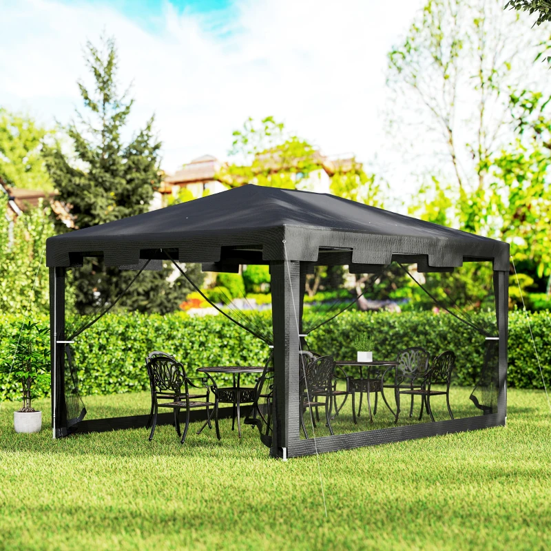 Outsunny Cenador Exterior 4x3 m con 4 Mosquiteras Laterales 2 Puertas con Cremallera y 6 Orificios de Drenaje Gris Oscuro