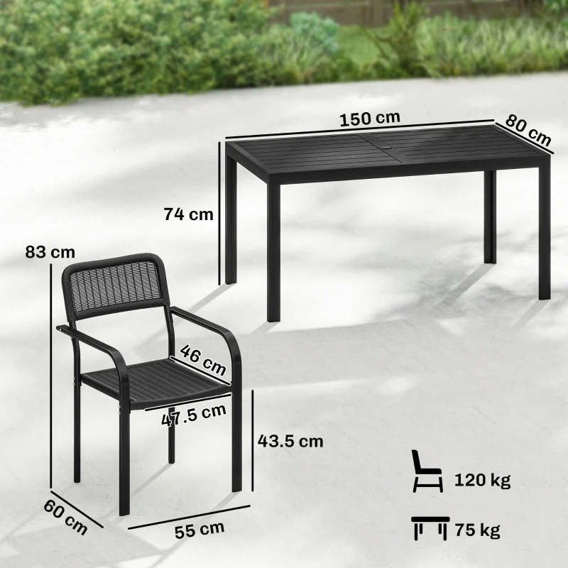 Outsunny Garden Dining Set for 6, Faux Wood Metal Outdoor Table and Stackable Chairs with Plastic Rattan Effect Seat, Black