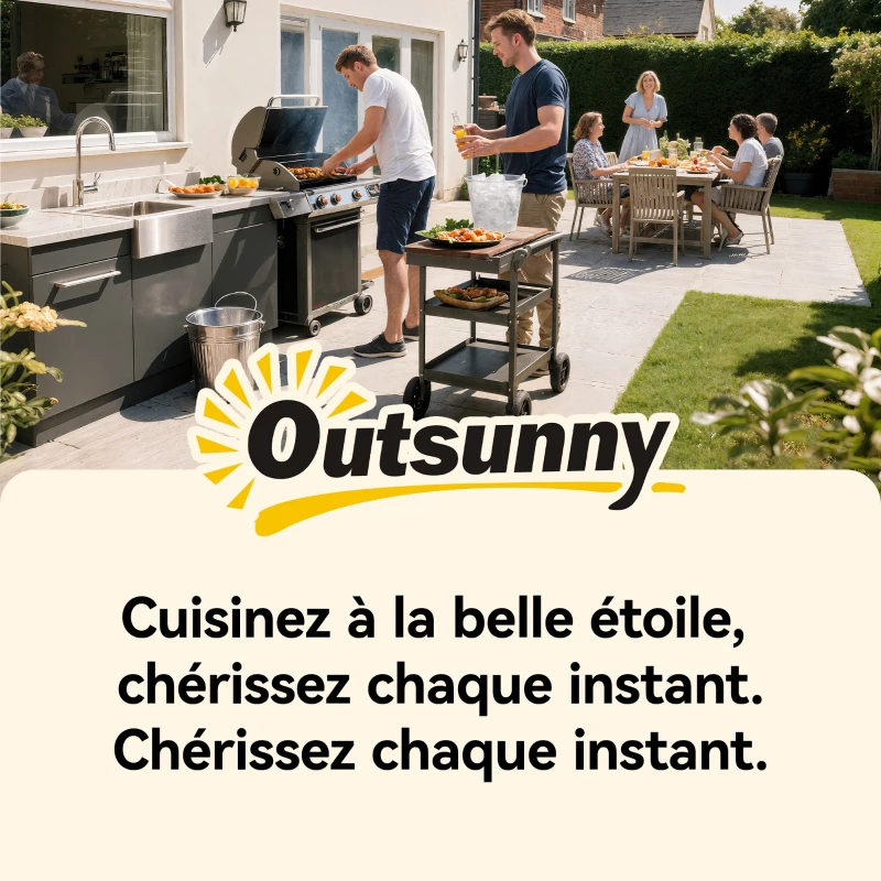 Outsunny Desserte jardin, chariot de barbecue sur roulettes avec porte-boissons et crochets, 97 x 51 x 83 cm, noir et marron