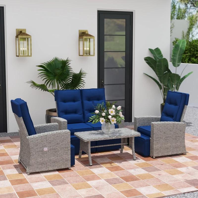 Outsunny 4 Piece Rattan Garden Furniture Set Outdoor Sofa Sectional Set with Glass Top Table for Poolside, Navy Blue