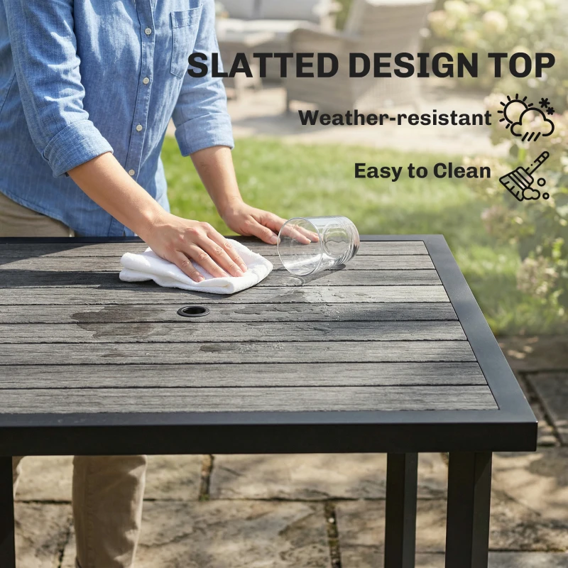 Outsunny Square Garden Dining Table with Parasol Hole, Slatted Top, Metal Frame, 86 x 86 x 71 cm, Light Grey