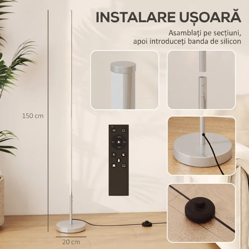 HOMCOM Lampă de Podea LED de 150 cm cu Temperatura Culorii Reglabilă și Telecomandă, Argintiu