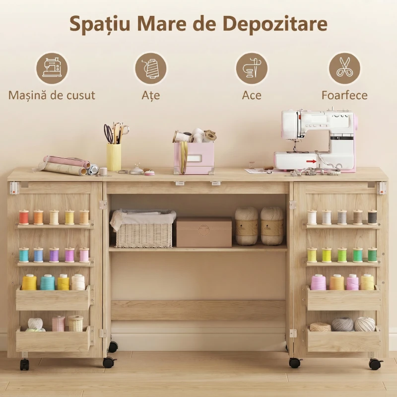 HOMCOM Masă de Cusut Pliabilă cu Roți, 4 Recipiente, 20 Pini, Raft, Panou de PAL, Stejar