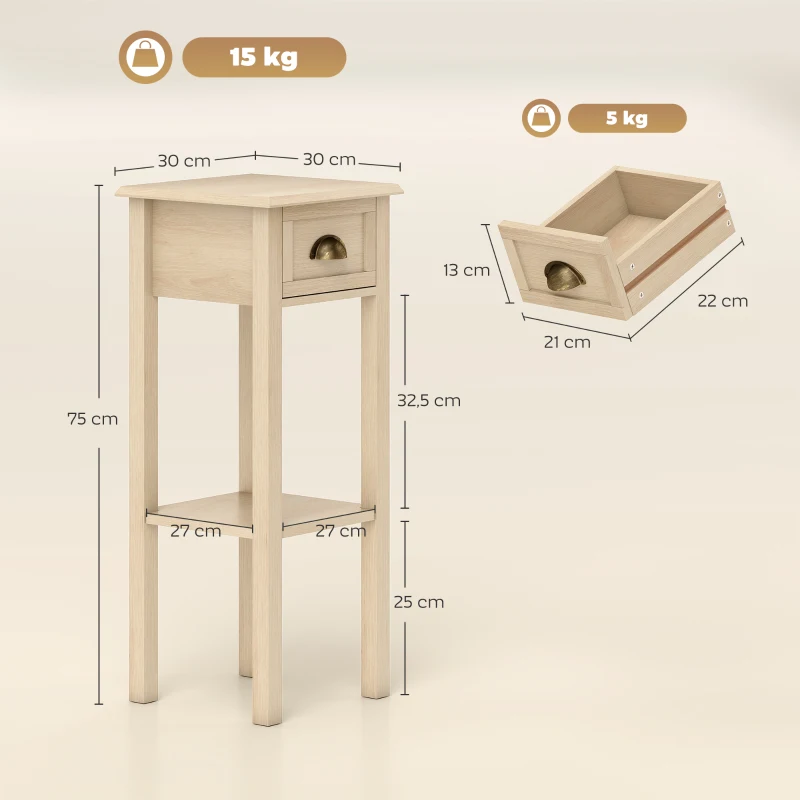 HOMCOM Mesa Auxiliar Rústica Mesa Auxiliar para Sofá con Cajón y Estante para Salón Dormitorio 30x30x75 cm Madera Natural