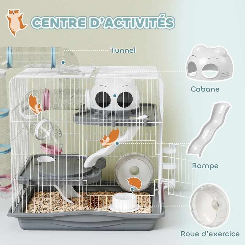 PawHut Cage hamster, cage rongeur à 3 niveaux, roue d'exercice, tunnel, gamelle, niche et rampe d'accès, 45 x 30 x 45 cm, gris