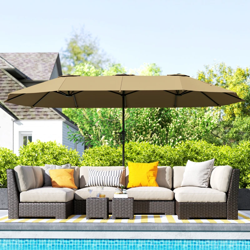 Outsunny Sombrilla Doble 4x2,2 m Sombrilla Terraza Exterior con Manivela Manual Impermeable y Protección UV30+ Café