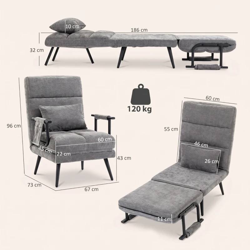 HOMCOM Schlafsessel 3 in 1 Klappbar Sessel mit Schlaffunktion, 186 x 60 cm Schlafsessel mit 5-stufig Verstellbarer Rückenlehne