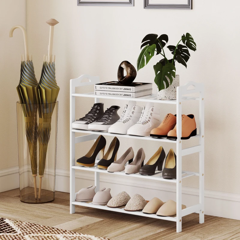HOMCOM Sapateira de 4 Níveis Estante para Sapatos em Bambu para 12 Pares de Sapatos 67,5x24,7x72 cm Branco